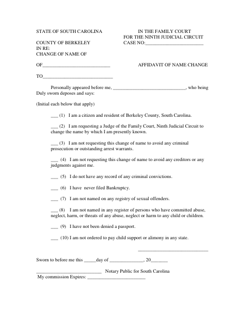 Affidavit of Name Change, Berkeley County form, first page