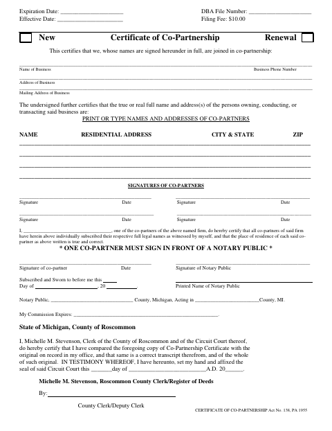 Certificate of Co-Partnership, Roscommon County form, first page