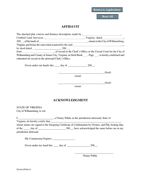 Affidavit of Confirmation by Owners, City of Williamsburg form, first page