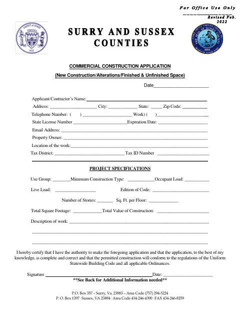 Commercial Construction Application, Sussex County form, first page