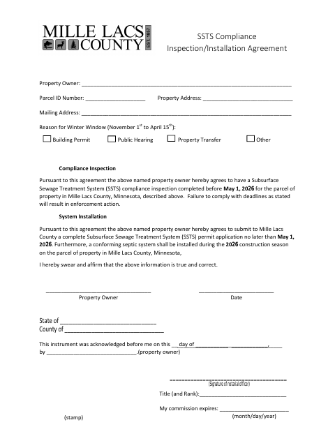 SSTS Compliance Inspection and Installation Agreement, Mille Lacs County form, first page