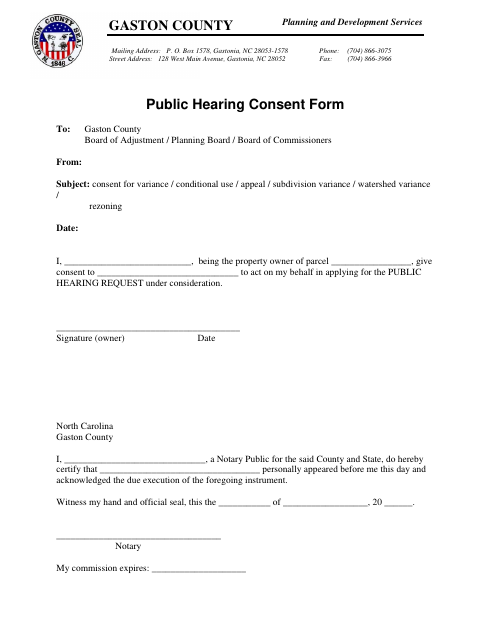 Public Hearing Consent Form, Gaston County form, first page
