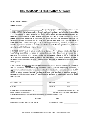 First page of the Fire-Rated Joint & Penetration Affidavit