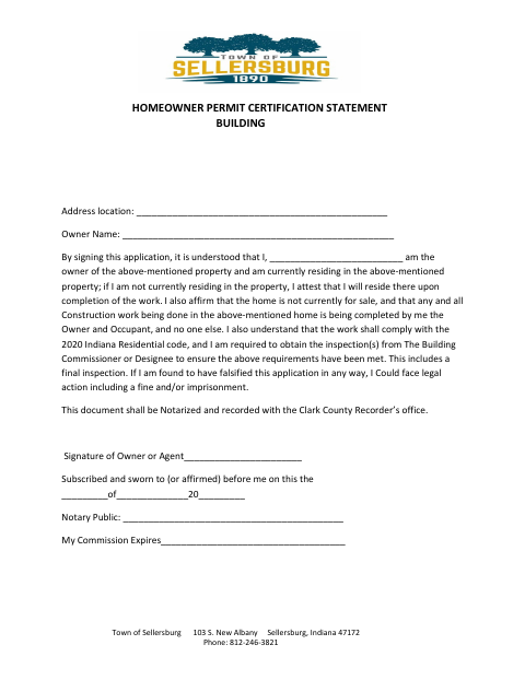 First page of the Homeowner Permit Certification Statement – Building