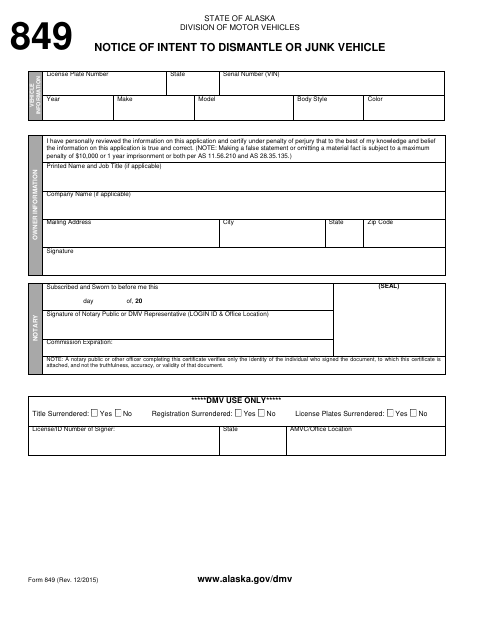 Form 849 Notice of Intent to Dismantle or Junk Vehicle first page