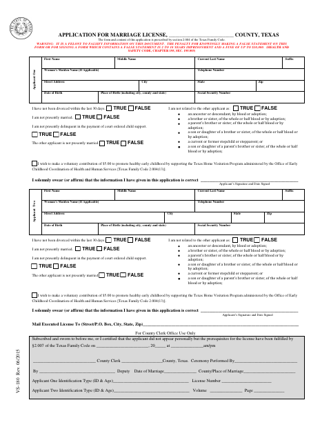 Application for Marriage License, Mitchell County form, first page