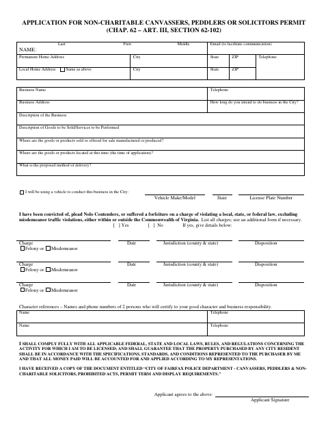 Non-Charitable Canvassers, Peddlers, or Solicitors Permit Application, City of Fairfax form, first page