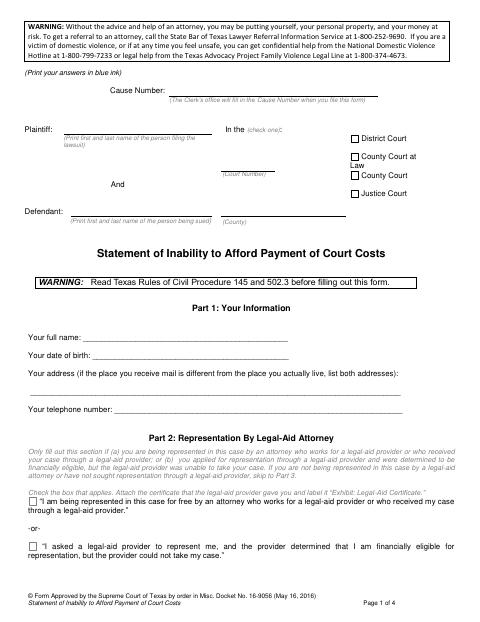 Statement of Inability to Afford Payment of Court Costs, Tom Green County form, first page