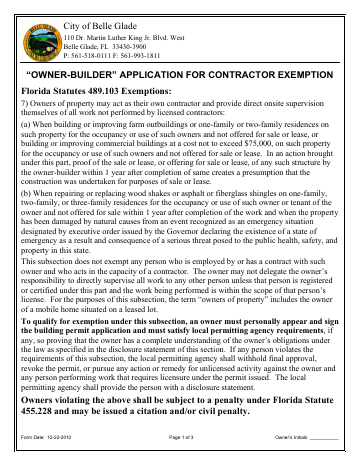 First page of the Owner-Builder Affidavit & Disclosure Statement (FS 489.103)