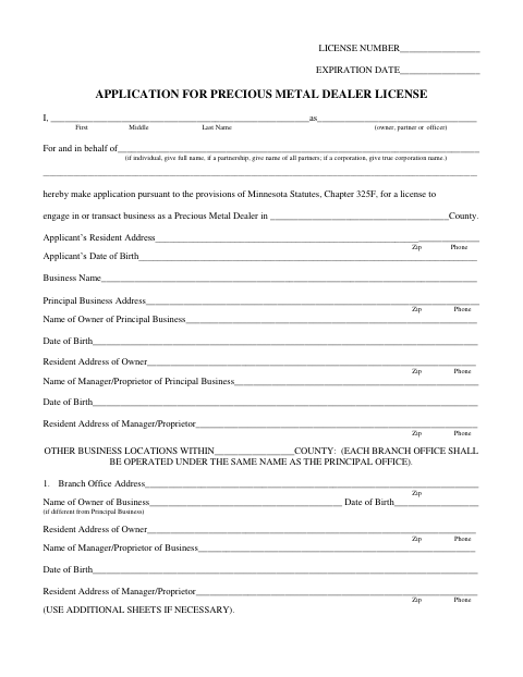 Application for Precious Metal Dealer License, Scott County form, first page
