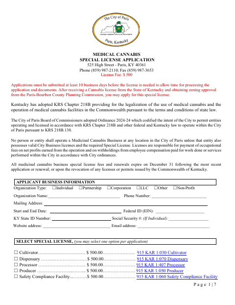 First page of the Medical Cannabis Special License Application