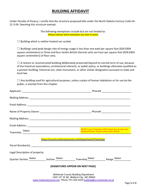 Building Affidavit, McKenzie County form, first page