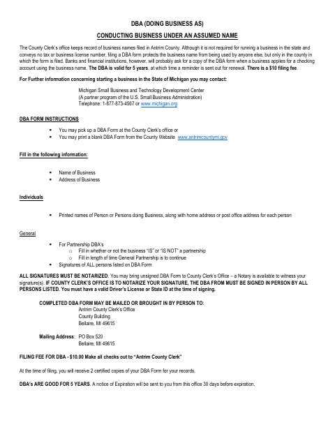 Business Registration Certificate for Assumed Name or Partnership, Antrim County form, first page