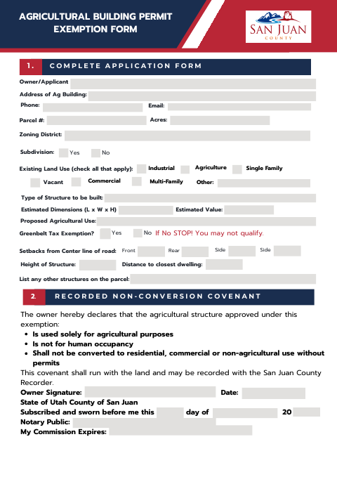 Agricultural Building Permit Exemption Form, San Juan County form, first page