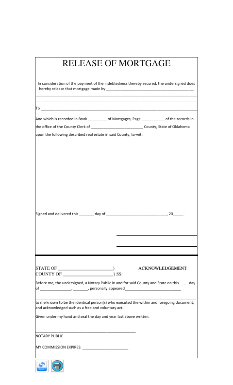 Release of Mortgage, Grady County form, first page