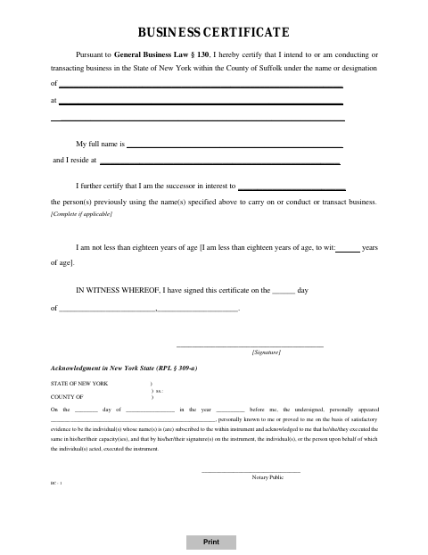 Business Certificate, Suffolk County form, first page
