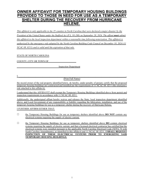 Owner Affidavit For Temporary Housing Buildings, McDowell County form, first page
