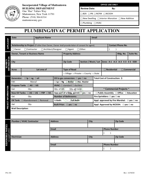 First page of the Plumbing/HVAC Permit Application