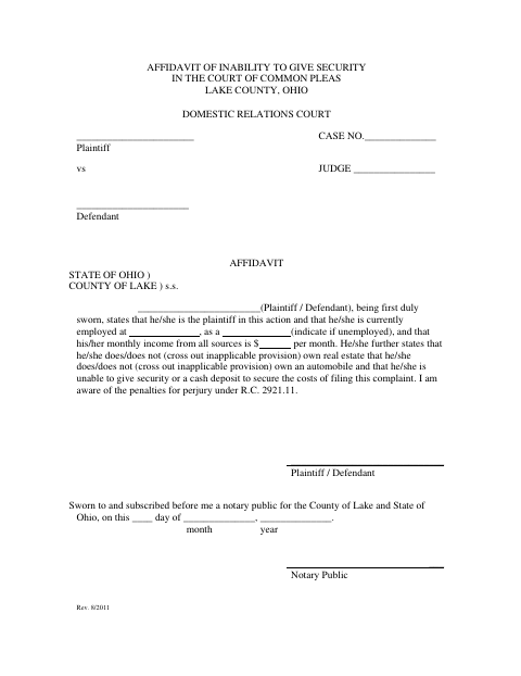 Affidavit Of Inability To Give Security, Lake County form, first page