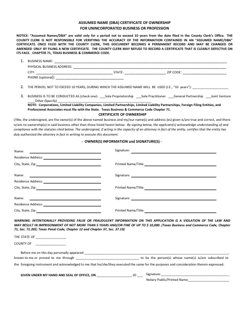 Assumed Name Certificate Of Ownership For Unincorporated Business Or Profession, Andrews County form, first page