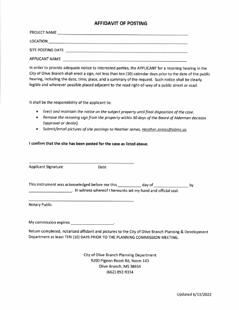 First page of the Affidavit of Posting for Zoning Hearing