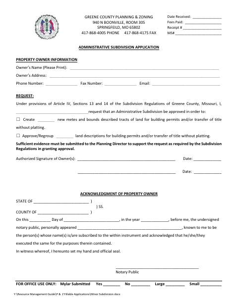 Administrative Subdivision Application, Greene County form, first page