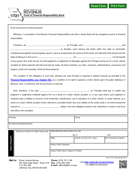 Proof of Financial Responsibility Bond Form 1721 first page