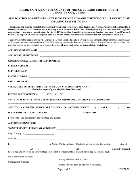 Remote Access to Circuit Court Case Imaging System Application, Prince Edward County form, first page