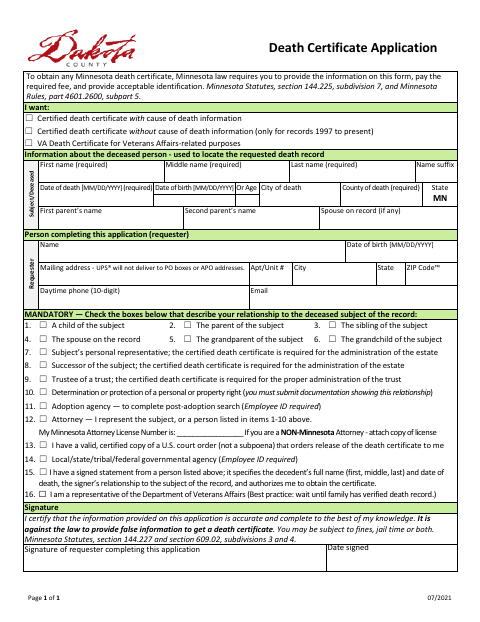 First page of the Death Certificate Application