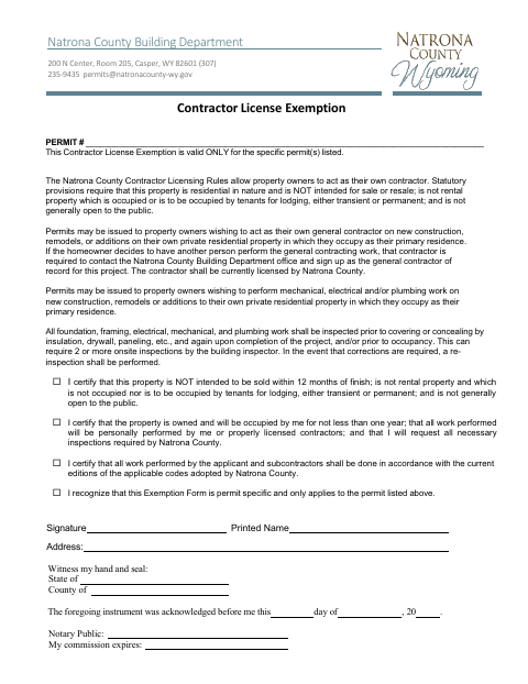 Contractor License Exemption, Natrona County form, first page
