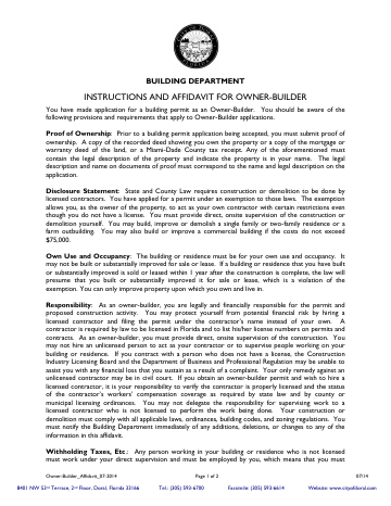 First page of the Owner-Builder Affidavit