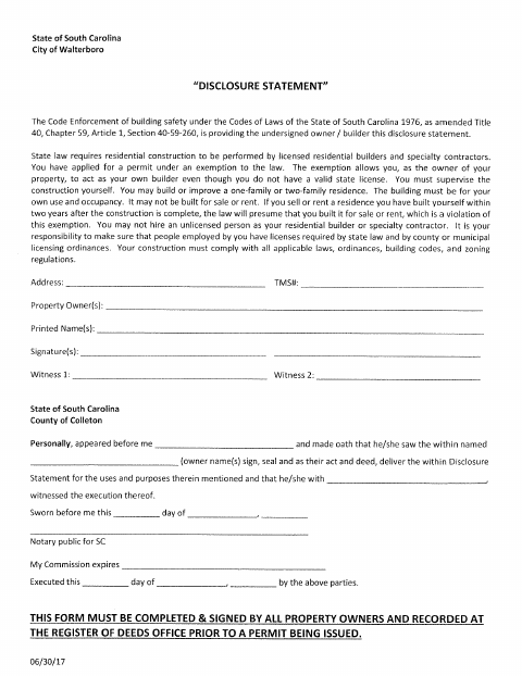First page of the Owner-Builder Disclosure Statement
