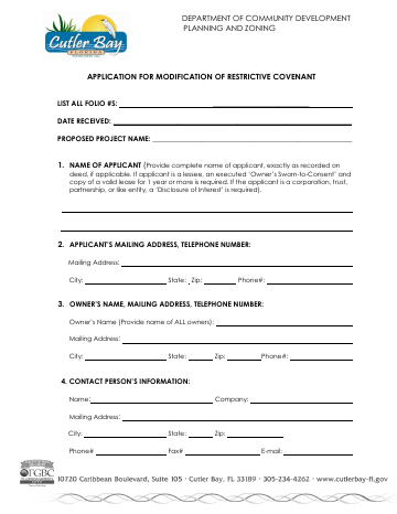 First page of the Modification of Restrictive Covenant Application