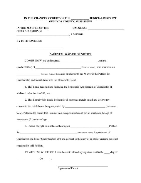 Parental Waiver of Notice, Hinds County form, first page