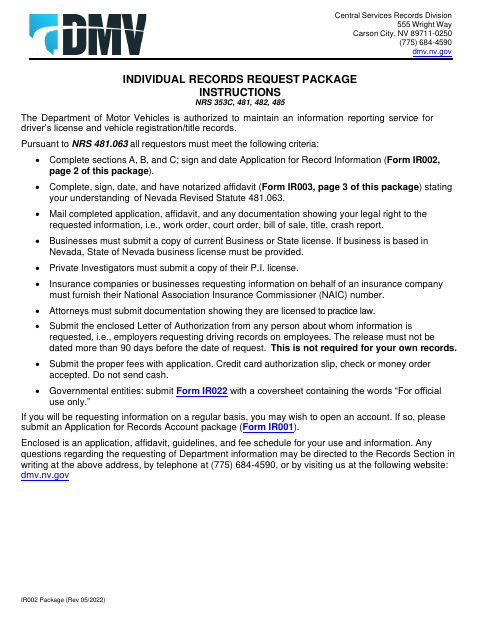 IR002 Individual Records Request Package first page