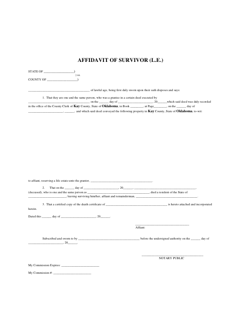 Affidavit of Survivor (Life Estate), Kay County form, first page