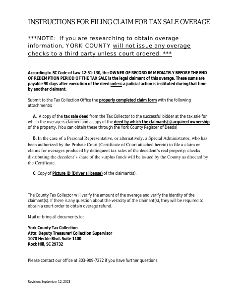 Claim for Tax Sale Overage, York County form, first page
