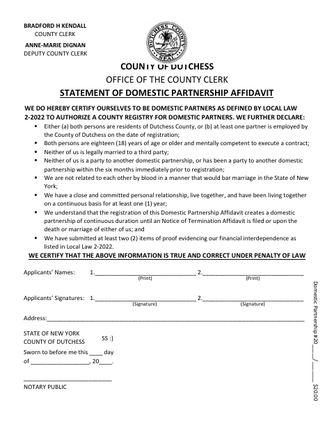 Statement of Domestic Partnership Affidavit, Dutchess County form, first page