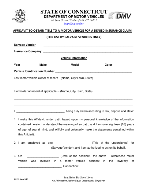 H-135 Affidavit to Obtain Title for a Denied Insurance Claim first page