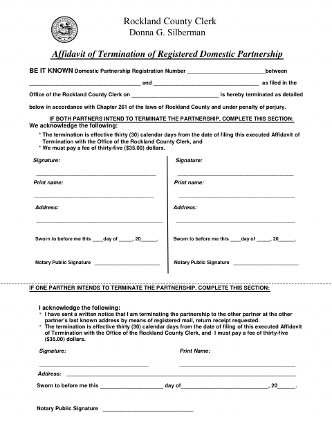 Affidavit of Termination of Registered Domestic Partnership, Rockland County form, first page