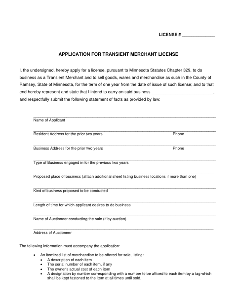 Transient Merchant License Application, Ramsey County form, first page