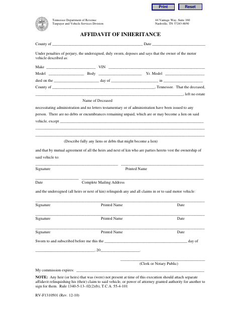 Affidavit of Inheritance, Hancock County form, first page