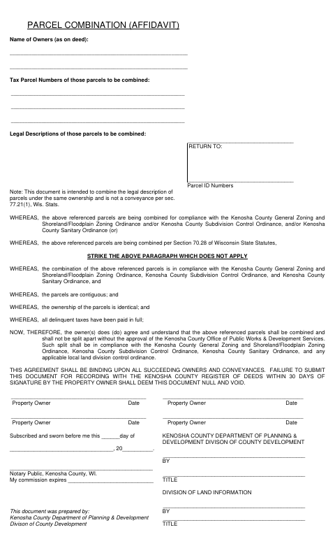 Parcel Combination Affidavit, Kenosha County form, first page