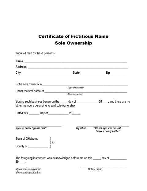 Certificate of Fictitious Name, Rogers County form, first page
