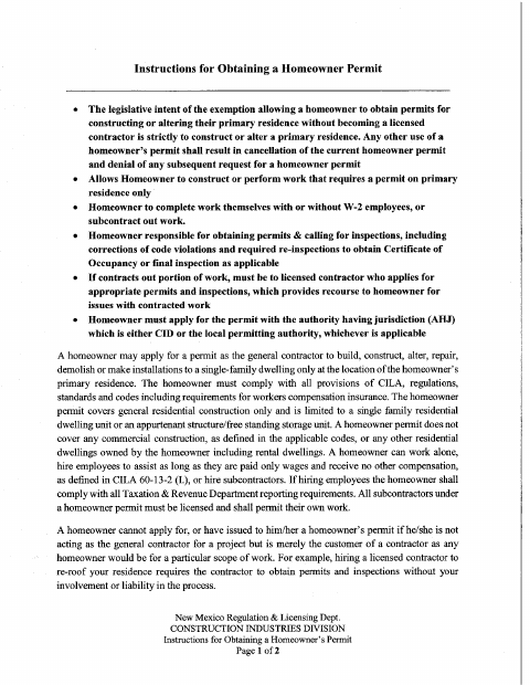 First page of the Homeowner Permit Responsibilities and Liabilities Acknowledgement
