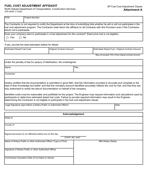 SFN 58393 Fuel Cost Adjustment Affidavit first page