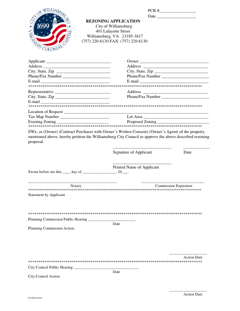 Rezoning Application, City of Williamsburg form, first page