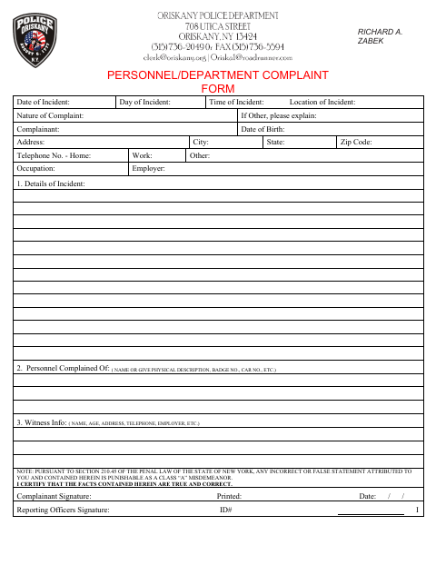First page of the Personnel/Department Complaint Form