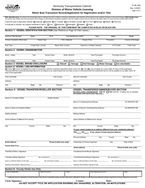 TC 96-184 Motor Boat Transaction Record/Application for Registration and/or Title first page