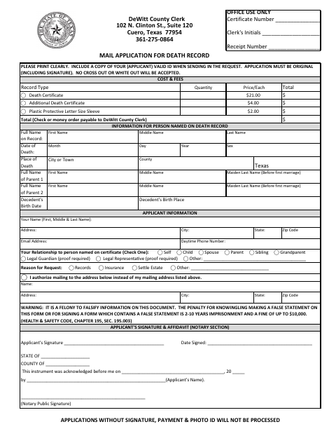 Application for Certified Copy of Death Certificate, DeWitt County form, first page